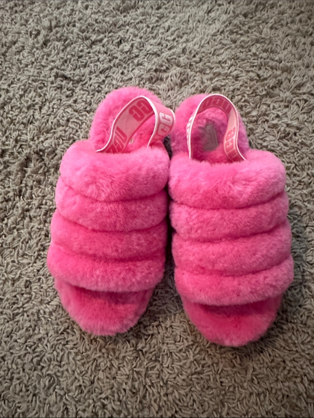 UGG Hot Pink Shearling Slide Sandals with Logo Strap